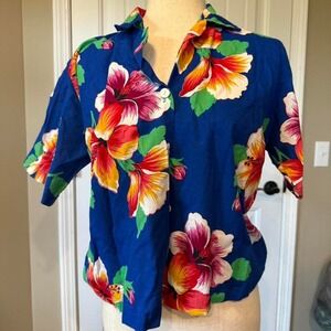 Vintage dba-la California Hibiscus Floral Cotton Shirt Blue Tropical Size 11